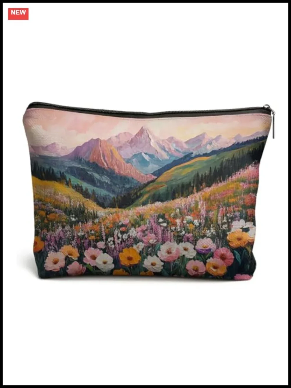 Abstract Mountain Wildflower Makeup Bag, Floral Botanical Cosmetic Pouch,